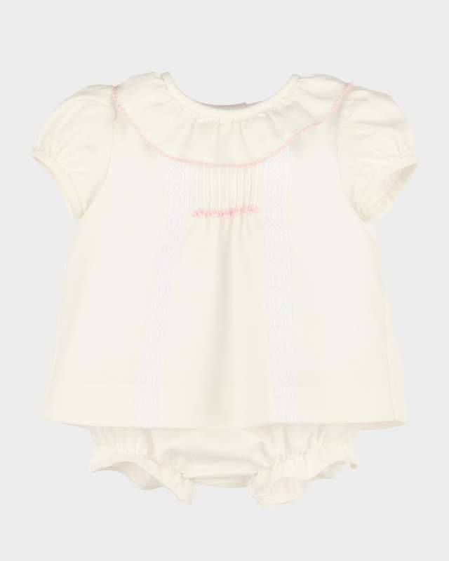 Girl's Pintuck Lace Cotton Dress & Bloomers, Size Newborn-6M